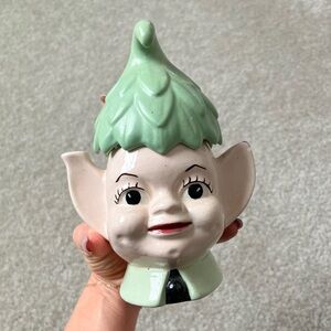 Whimsical Vintage Cream and Green Pixie Elf Ceramic Creamer Pitcher Antique